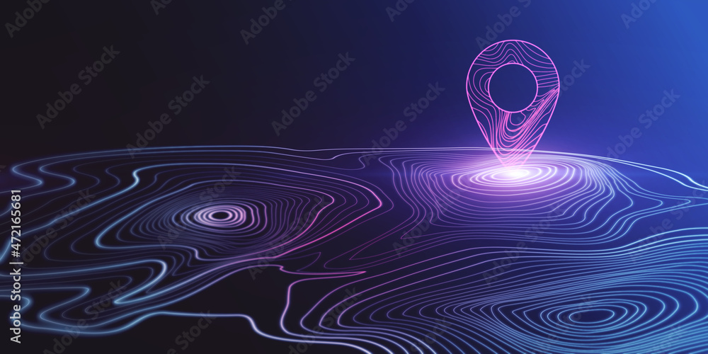 Poster creative glowing map geoposition with marker on dark blue background. travel and direction concept. 