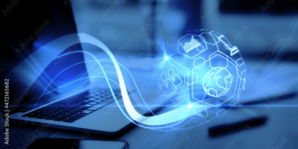Poster close up of workplace with laptop computer and creative blue spherical business interface on blurry 