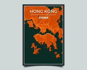 Hong Kong city. Map of largest city in the world vector for wall decoration. Modern deep blue and orange color. Vector graphic eps 10