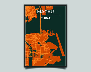 Macau city. Map of largest city in the world vector for wall decoration. Modern deep blue and orange color. Vector graphic eps 10