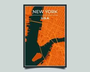 New York city. Map of largest city in the world vector for wall decoration. Modern deep blue and orange color. Vector graphic eps 10