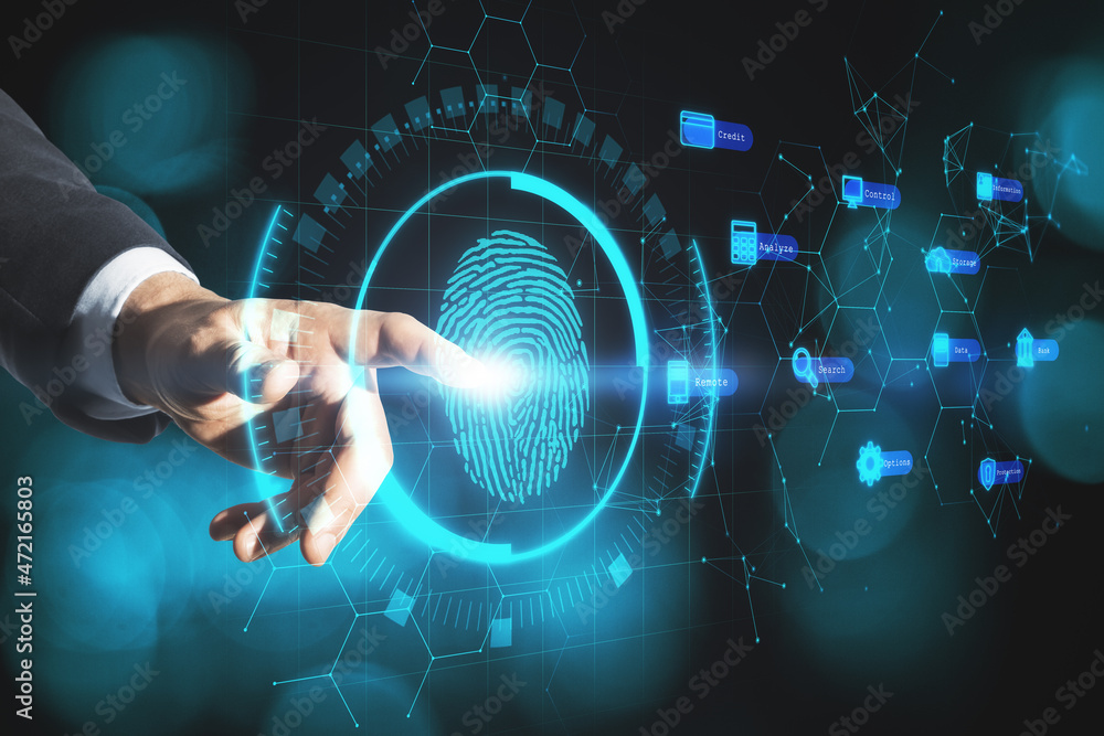 Aufkleber businessman hand pointing at creative fingerprint interface on blurry bokeh background. biometrics a