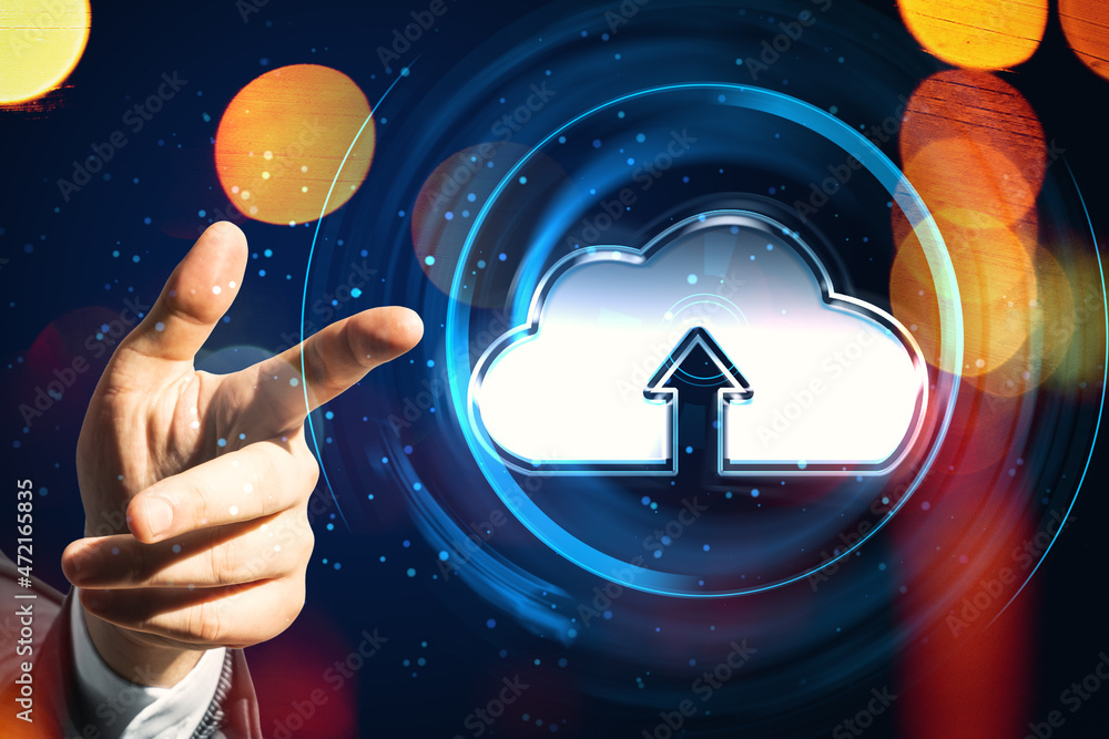 Poster Businessman hand pointing at creative cloud upload round hologram on blurry bokeh background. Cloud computing and database concept. Double exposure.