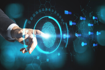 Businessman hand pointing at creative fingerprint interface on blurry bokeh background. Biometrics and security concept. Double exposure.