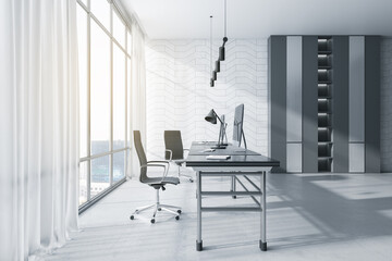 Contemporary concrete office interior with window and city view, daylight, furniture and various objects. Workplace concept. 3D Rendering.