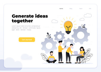 People working together. Coworking, freelance, teamwork, communication, interaction, idea, independent activity concept, grey and yellow palette. Glassmorphism landing page concept.