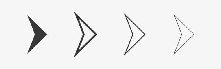 Triangular arrow set. Black linear vector icon for direction and web. Arrows in isolation