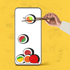 Contemporary art collage of male hands holding sushi on phone screen isolated over yellow background