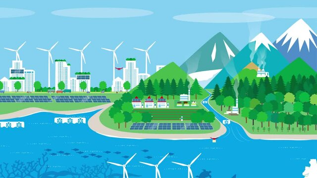 都会と地方の再生可能エネルギーで地球温暖化防止イメージのイラスト動画