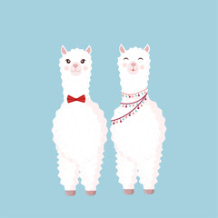 Festive couple of lamas in love on a blue background. Vector illustration for valentines day, holiday, texture, textile, fabric, poster, card, decor. Character design. Romantic couple of alpacas.