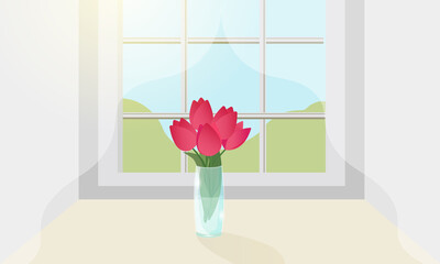Tulips in a Vase on the Windowsill. Vector.