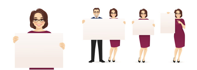 Elegant mature business woman holding empty blank board herself and together with man isolated vector illustration