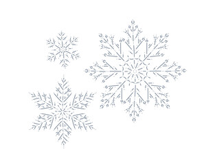 Set of decor snowflakes isolated. Line art, contour drawing. Vector illustration. For ornaments, wallpapers, Christmas holiday decor, packaging design.