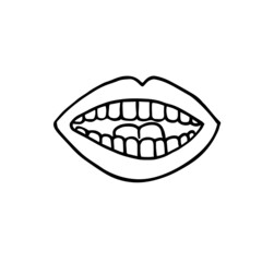 Smile. Lips, teeth and tongue. Smiling hand-drawn doodle isolate. Black and white vector illustration.