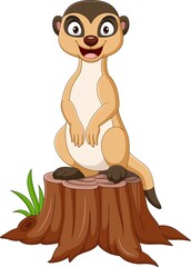 Cartoon meerkat standing on tree stump
