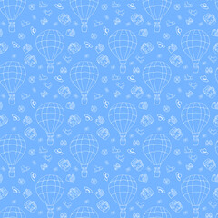 Seamless background. Drawn by hand. A balloon, suitcase, binoculars, hat, compass, boots are depicted on a blue background. Can be used for fabric, wallpaper, background, wrapping paper.