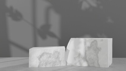Fototapeta na wymiar White marble geometric podium with dark black background. 3d rendering.