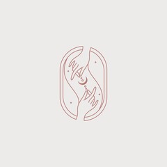 Vector esoteric linear illustration. Delicate illustration with female hands. Emblem for jewelry, astrology, esotericism, magic. Illustration with stars and the moon. Jewelry making illustration.