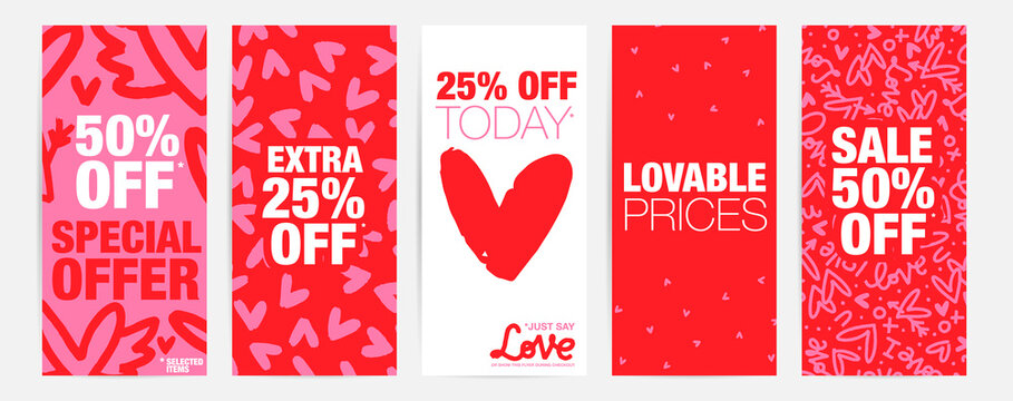 Valentines day sale flyer set with vector heart graphic, red and pink background.
