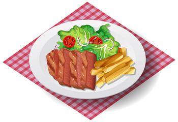 Healthy breakfast with steak and french fried and salad