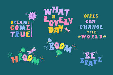 Lettering set in flat cartoon style. Hand drawn kids vector color illustrations for prints, labels, posters.