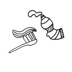 Toothbrush and toothpaste. Hand-drawn doodle isolate. Black and white vector illustration.