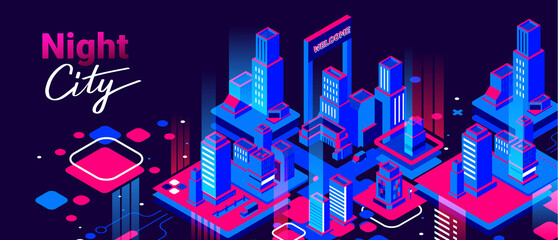 Vector abstract neon color illustration of night city street with light on dark sky background. Isometric style design with text night city