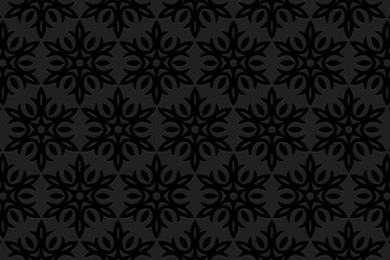 Embossed black background design.Texture with geometric volumetric convex ethnic 3D pattern.Vector graphic template in the style of the peoples of the East, Asia, India, Mexico, Aztec.