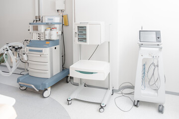 Technologically advanced equipment in CT or MRI Scan room. Modern hospital laboratory. Interior of radiography department. Magnetic resonance diagnostics machine.