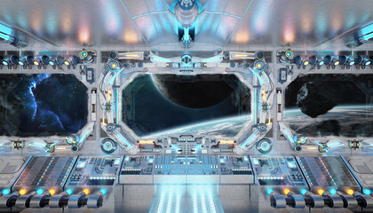 White spaceship interior with glowing blue and red lights. Futuristic spacecraft with large window view on planets in space. 3D rendering © sdecoret