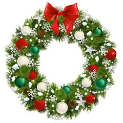 Fototapeta na wymiar Vector Christmas Pine Fluffy Wreath with Red Bow