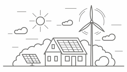 Fototapeta premium Eco friendly modern house. Alternative wind energy station. Solar panels, wind power. Environment concept vector outline illustration.