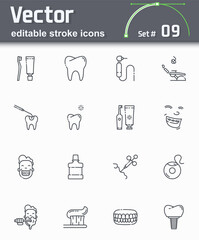 Vector dental care icon set. Editable stroke line icons