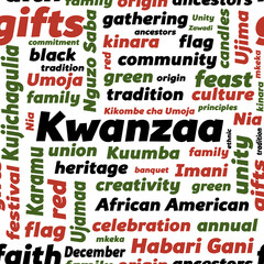 Seamless pattern with Kwanzaa word cloud. Vector background with principles and terms for Kwanzaa celebation - African American heritage holiday.