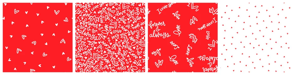 Poster Red and white Valentines day vector seamless pattern set. Heart, love text colorful coordinating designs. © Letters Patterns etc