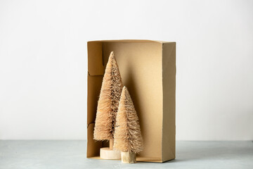 Coconut fiber Christmas trees in a box,  zero waste concept