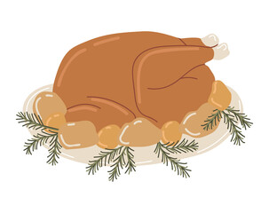 Vector isolated element. Gobbler for the holiday table. Christmas dish or thanksgiving. Color image on a white background. The print is used for packaging design.