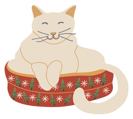 Vector isolated element. Happy cat is sitting in the bed. Decoration for Christmas. Color image on a white background. The print is used for packaging design.