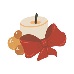 Vector isolated element. Candle with a red bow. Christmas tree toys. Decoration for Christmas. Color image on a white background. The print is used for packaging design.