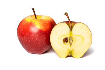 Isolated red apple. Whole red apple and half isolated on white background