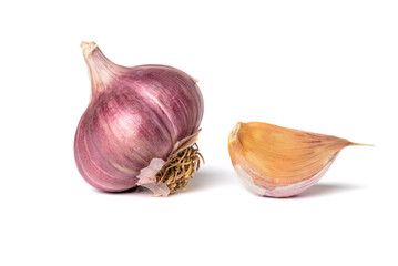 Red garlic and garlic cloves isolated on a white background, close-up