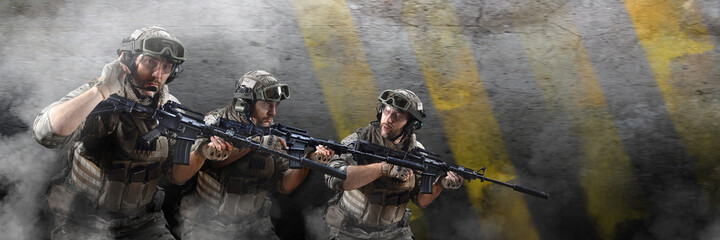 Soldiers during a special operation in the smoke against concrete wall. Format photo 3x1. Collage - one model in three poses.