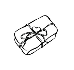 Gift box with ribbon and bow. Black and white clip-art. Vector