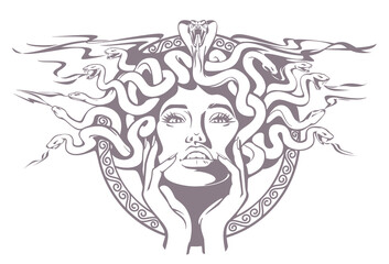 Head of a woman with snakes - Gorgon Medusa tattoo, vector illustration. Tattoo illustration.