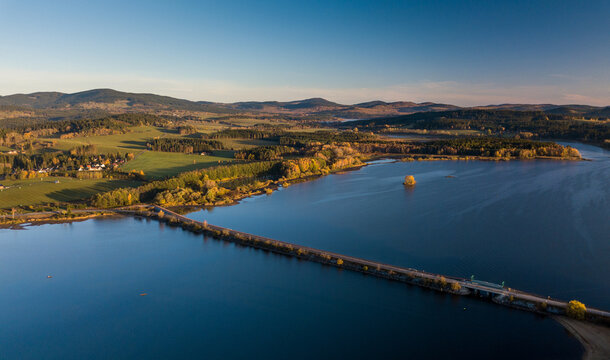 The Lipno Reservoir is a dam and hydroelectric plant constructed along the Vltava River in the Czech Republic. This area is mountainous, and borders the Sumava National Park and Nature Reserve