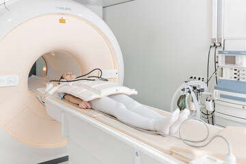 Medical CT or MRI Scan with a patient in the modern hospital laboratory. Interior of radiography...