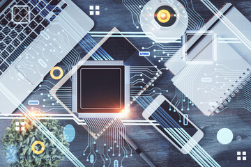 Double exposure of technology theme drawing over work table desktop. Top view. Global data analysis concept.