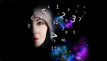 Portrait of a brown-eyed woman on a black background and numbers, numerology
