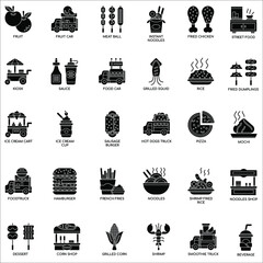 Blavck and white Street Food and Food Truck flat vector icon collection set