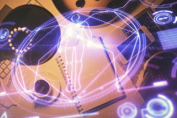 Double exposure of education theme drawing and work table top veiw.